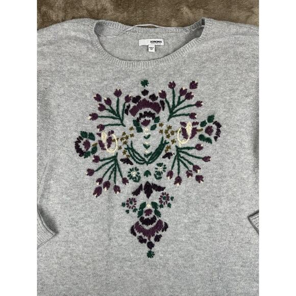 Sonoma Gray Crew Neck Sweater with Floral Design - Picture 2 of 9